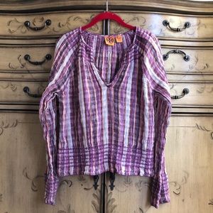 Tory Burch Linen Plaid Blouse Peasant Top M Boho